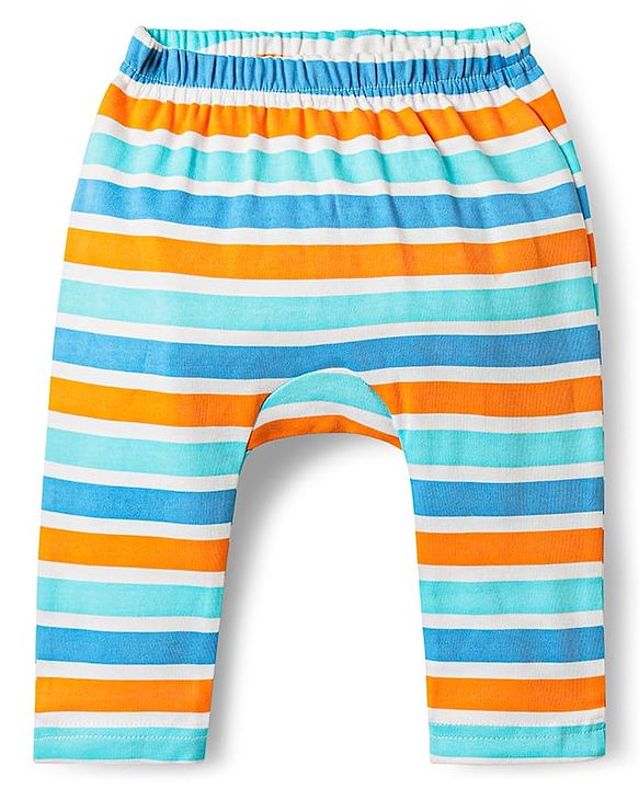 Babyhug Cotton Knit Full Length Diaper Leggings With Stripes & Animal Print Pack Of 3 - Orange Blue & Light Blue
