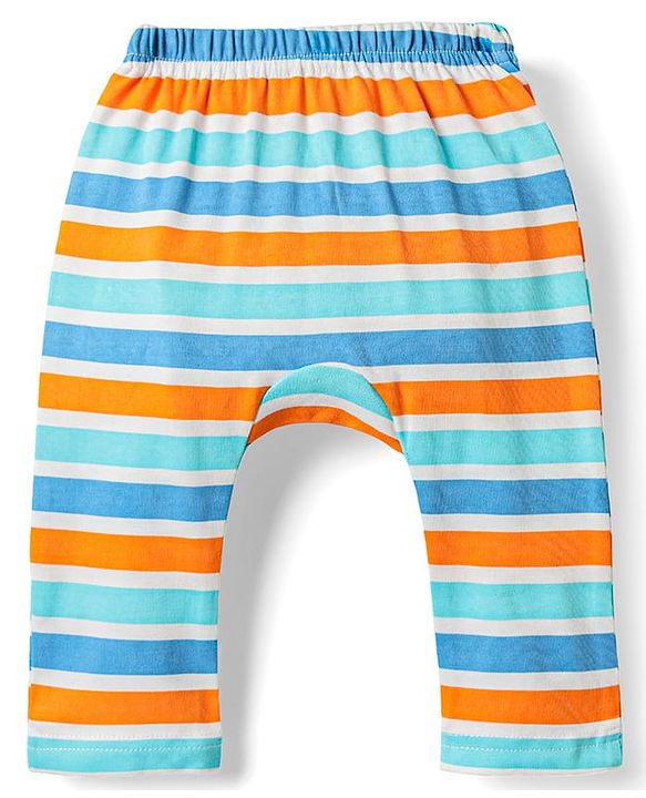 Babyhug Cotton Knit Full Length Diaper Leggings With Stripes & Animal Print Pack Of 3 - Orange Blue & Light Blue