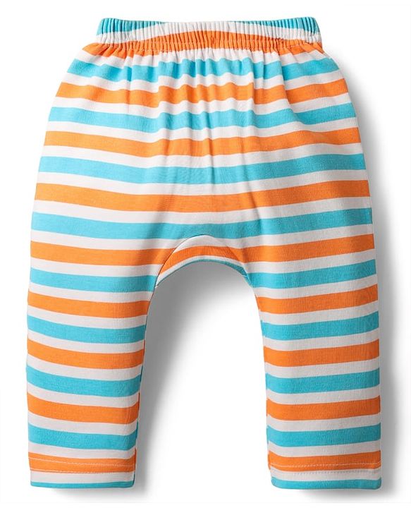 Babyhug Interlock Knit Full Length Diaper Leggings With Stripes Animals & Stars Print Pack Of 3 - Orange Light blue & White