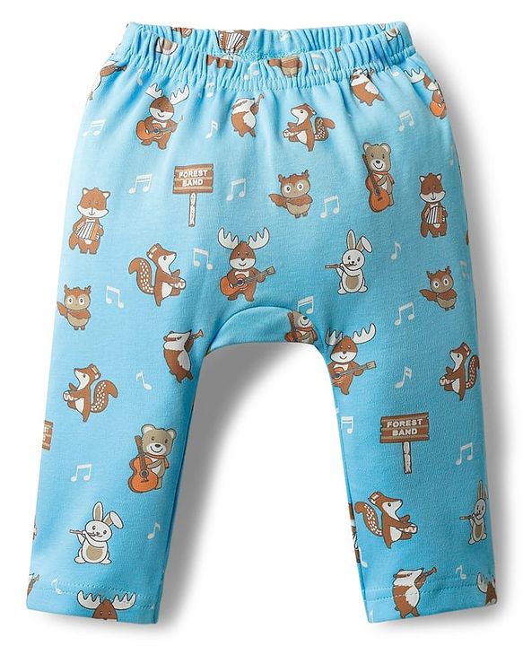 Babyhug Interlock Knit Full Length Diaper Leggings With Stripes Animals & Stars Print Pack Of 3 - Orange Light blue & White