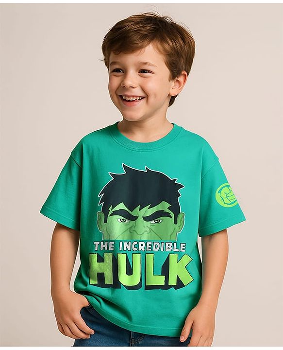 Pine Kids Marvel Single Jersey Knit Drop Shoulder Half Sleeves Oversized T-Shirt with Hulk Graphics - Green