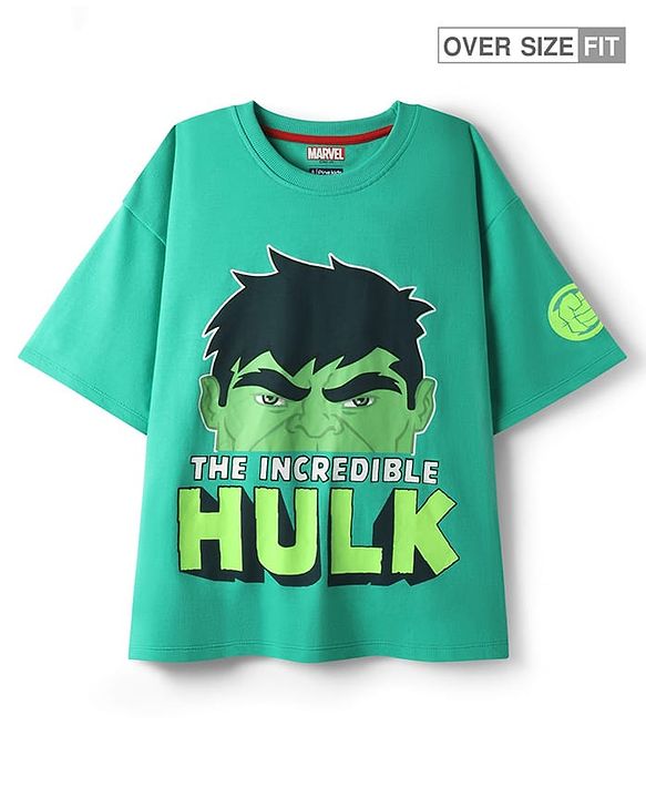 Pine Kids Marvel Single Jersey Knit Drop Shoulder Half Sleeves Oversized T-Shirt with Hulk Graphics - Green