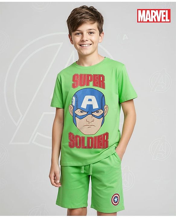 Pine Kids Marvel Single Jersey Knit Half Sleeves Shorts Night Suit With Captain America Graphics - Green