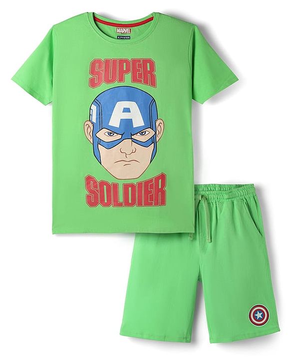 Pine Kids Marvel Single Jersey Knit Half Sleeves Shorts Night Suit With Captain America Graphics - Green