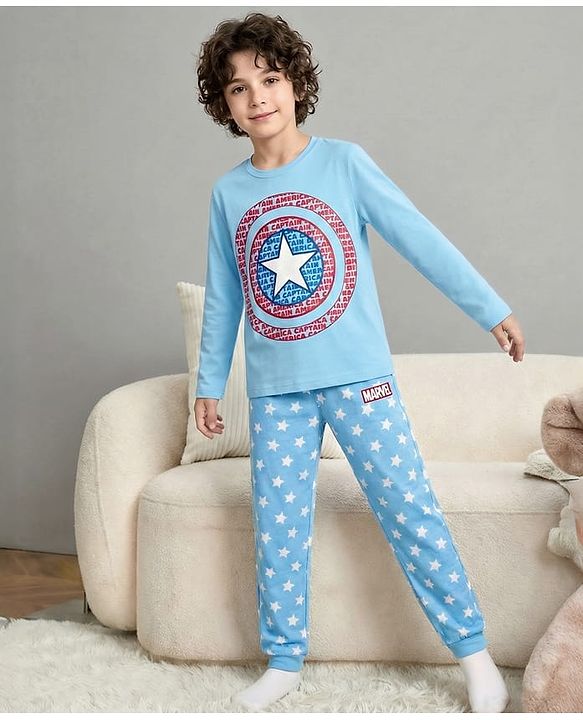 Pine Kids Marvel Single Jersey Knit Full Sleeves Night Suit With Captain America Print - Light Blue