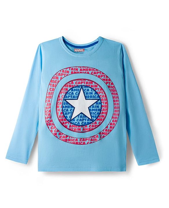 Pine Kids Marvel Single Jersey Knit Full Sleeves Night Suit With Captain America Print - Light Blue