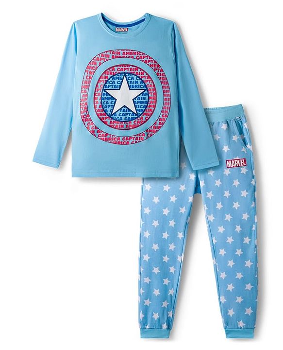 Pine Kids Marvel Single Jersey Knit Full Sleeves Night Suit With Captain America Print - Light Blue
