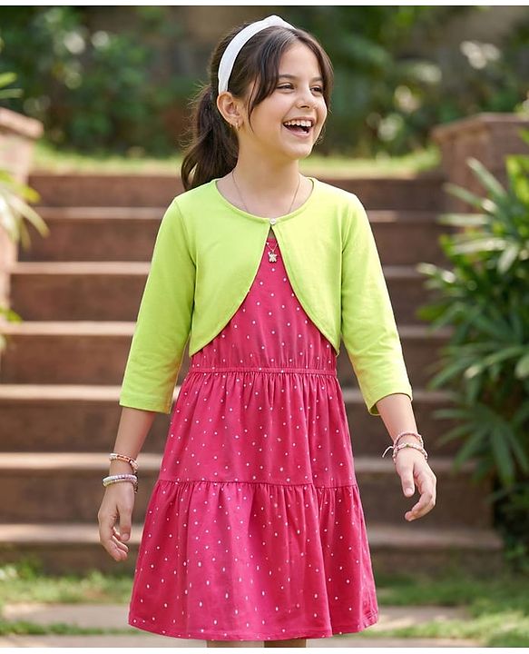 Pine Kids Cotton Knit Full Sleeves Tiered Frock With Jacket & Polka Dot Print - Pink & Lime Green