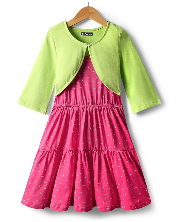 Pine Kids Cotton Knit Full Sleeves Tiered Frock With Jacket & Polka Dot Print - Pink & Lime Green
