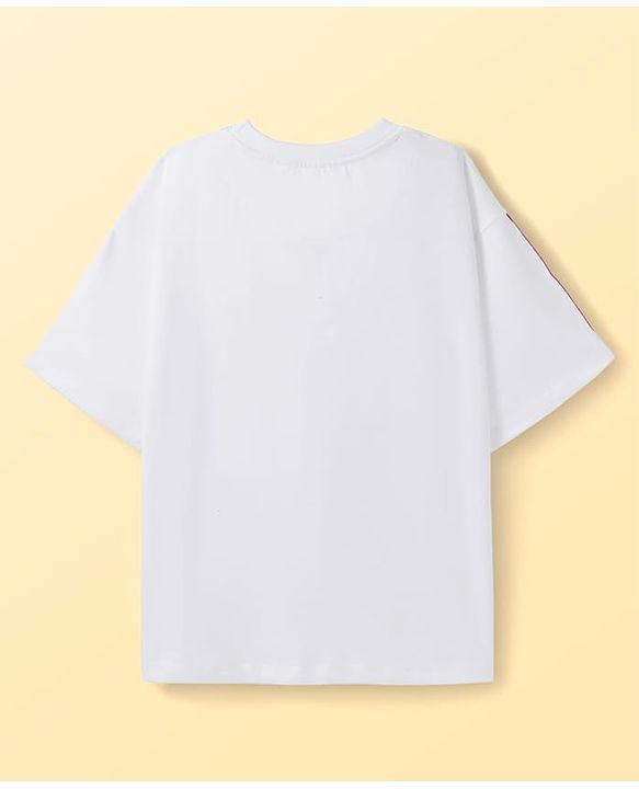 Pine Kids Disney Single Jersey Knit Half Sleeves Oversized Drop Shoulder T-Shirt & Denim Shorts With Mickey Mouse Graphics - White & Blue