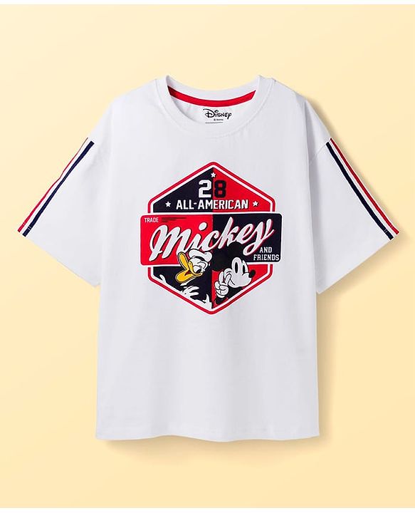Pine Kids Disney Single Jersey Knit Half Sleeves Oversized Drop Shoulder T-Shirt & Denim Shorts With Mickey Mouse Graphics - White & Blue