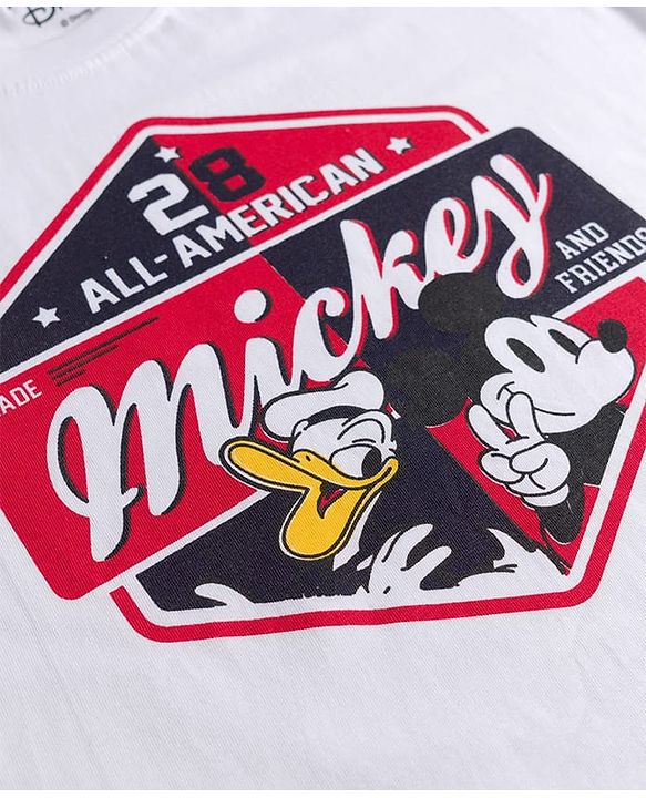 Pine Kids Disney Single Jersey Knit Half Sleeves Oversized Drop Shoulder T-Shirt & Denim Shorts With Mickey Mouse Graphics - White & Blue
