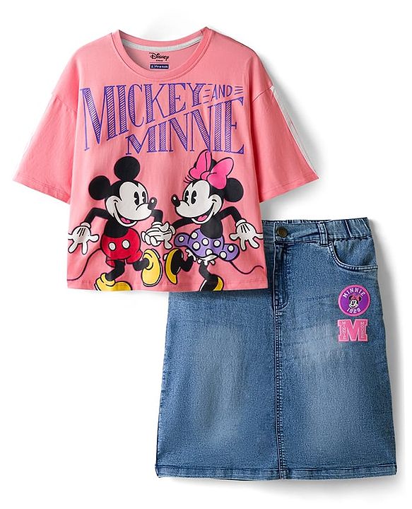 Pine Kids Disney Single Jersey Knit Oversized Drop Shoulder Half Sleeves T-Shirts & Skirt Set with Minnie Mouse Graphics - Pink & Blue
