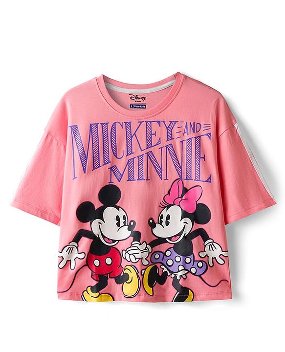 Pine Kids Disney Single Jersey Knit Oversized Drop Shoulder Half Sleeves T-Shirts & Skirt Set with Minnie Mouse Graphics - Pink & Blue