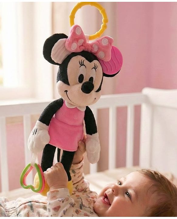 Babyhug Disney Minnie Mouse Activity Plush Hanging Toy with Teether, Rattle & Crinkle Ear| Toy for Crib, Stroller & Car Seat| Supports Sensory Development| BIS Certified - Height 29 cm