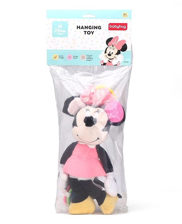 Babyhug Disney Minnie Mouse Activity Plush Hanging Toy with Teether, Rattle & Crinkle Ear| Toy for Crib, Stroller & Car Seat| Supports Sensory Development| BIS Certified - Height 29 cm