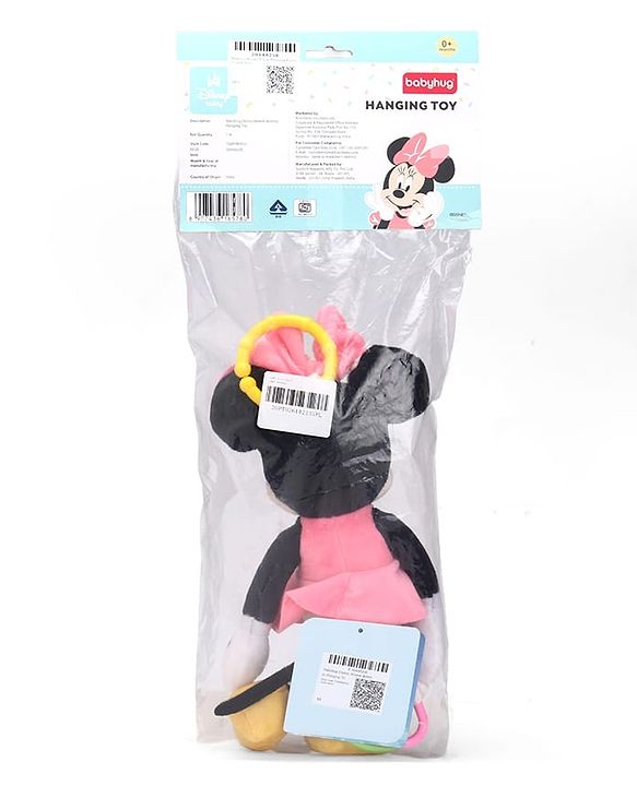 Babyhug Disney Minnie Mouse Activity Plush Hanging Toy with Teether, Rattle & Crinkle Ear| Toy for Crib, Stroller & Car Seat| Supports Sensory Development| BIS Certified - Height 29 cm