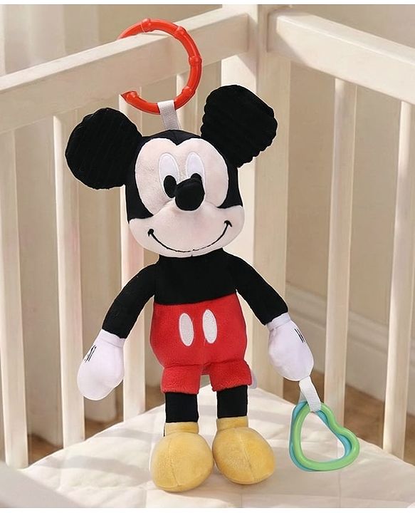 Babyhug Disney Mickey Mouse Activity Plush Hanging Toy with Teether, Rattle & Crinkle Ear| Toy for Crib, Stroller & Car Seat| Supports Sensory Development| BIS Certified - Height 30 cm