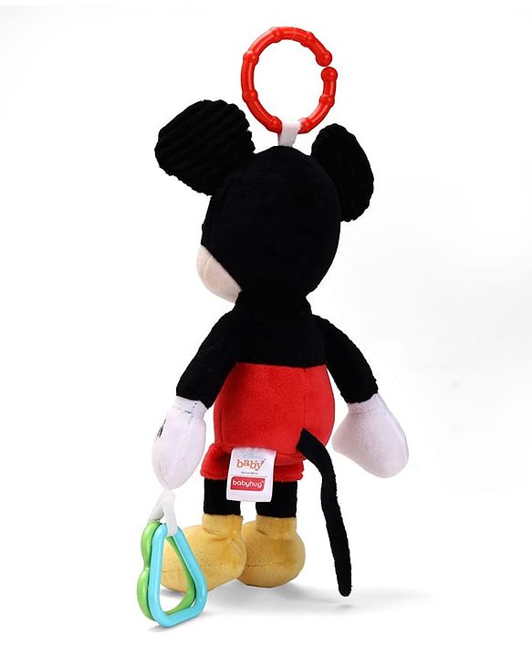 Babyhug Disney Mickey Mouse Activity Plush Hanging Toy with Teether, Rattle & Crinkle Ear| Toy for Crib, Stroller & Car Seat| Supports Sensory Development| BIS Certified - Height 30 cm