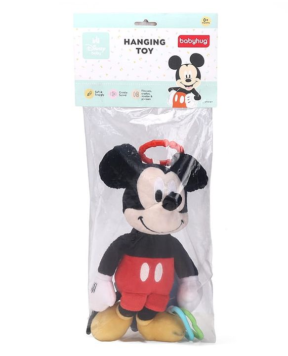 Babyhug Disney Mickey Mouse Activity Plush Hanging Toy with Teether, Rattle & Crinkle Ear| Toy for Crib, Stroller & Car Seat| Supports Sensory Development| BIS Certified - Height 30 cm