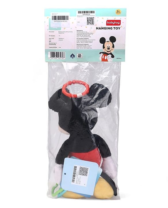 Babyhug Disney Mickey Mouse Activity Plush Hanging Toy with Teether, Rattle & Crinkle Ear| Toy for Crib, Stroller & Car Seat| Supports Sensory Development| BIS Certified - Height 30 cm