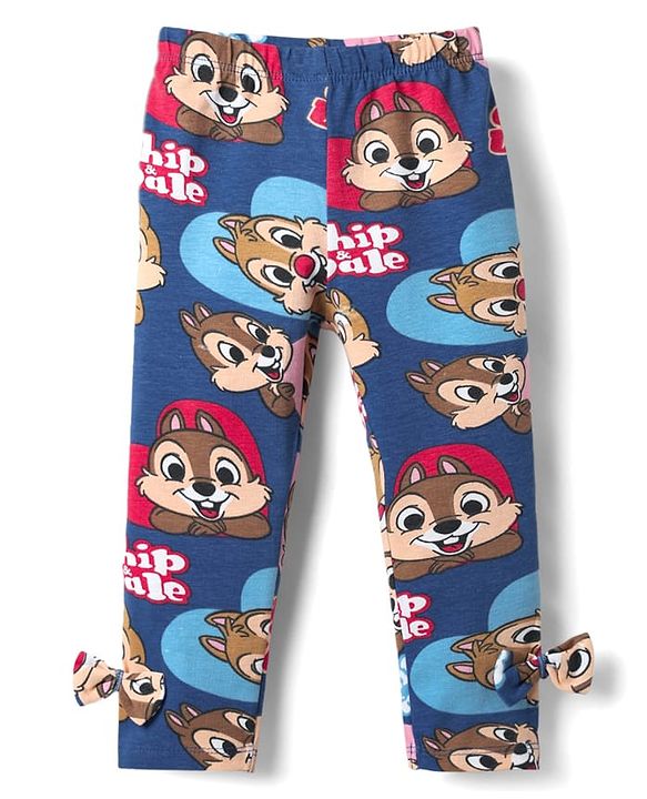 Babyhug Disney Lycra Knit Full Length Leggings with Chip n Dale Graphics & Bow Applique - Navy Blue