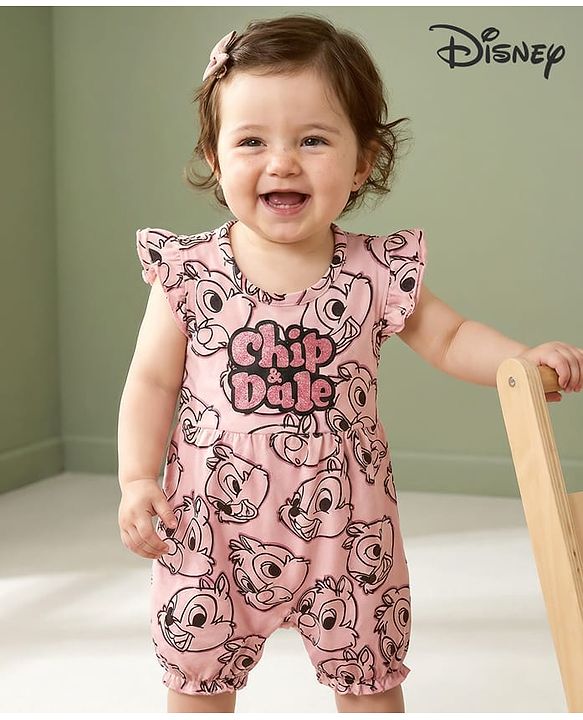 Babyhug Disney Interlock Knit Frill Sleeves Romper with Chip & Dale Print - Light Pink