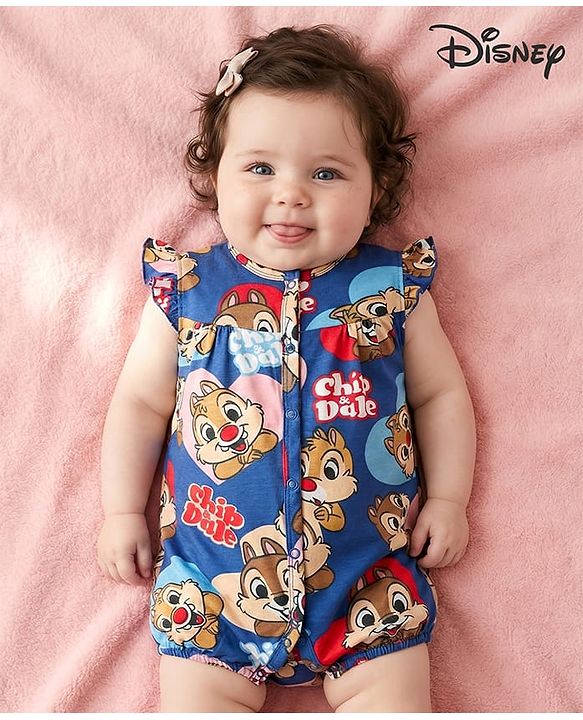 Babyhug Disney Interlock Knit Frill Sleeves Romper with Chip n Dale Print - Navy Blue