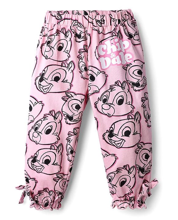 Babyhug Disney Terry Knit Full Length Lounge Pant with Chip n Dale Graphics & Bow Applique - Pink