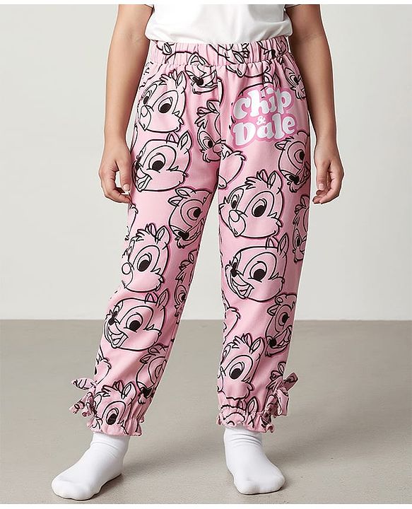 Babyhug Disney Terry Knit Full Length Lounge Pant with Chip n Dale Graphics & Bow Applique - Pink