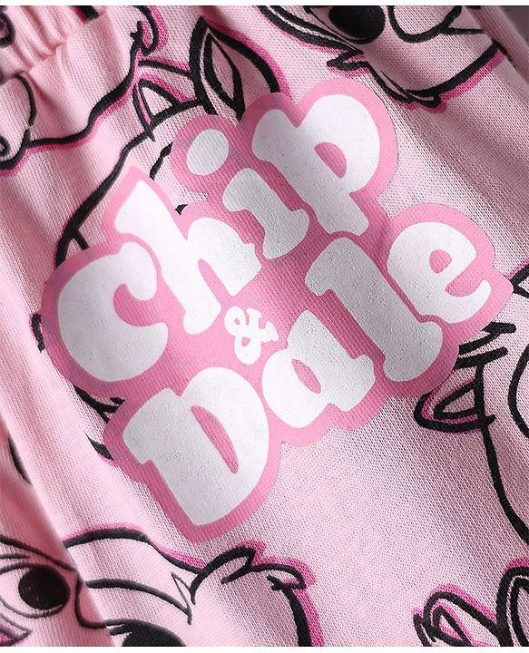 Babyhug Disney Terry Knit Full Length Lounge Pant with Chip n Dale Graphics & Bow Applique - Pink