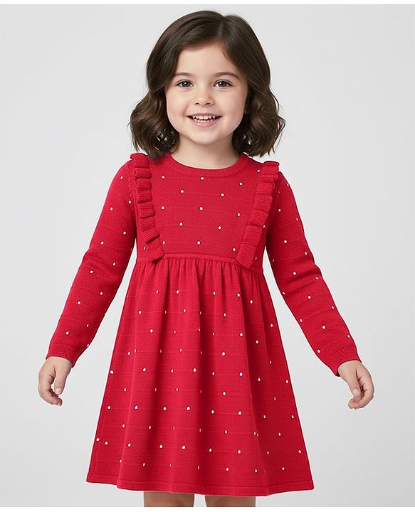 Babyhug Sweater Knit Full Sleeves Woollen Dress with Polka Dot Design - Red