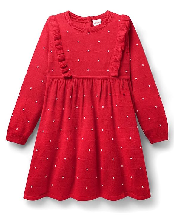 Babyhug Sweater Knit Full Sleeves Woollen Dress with Polka Dot Design - Red