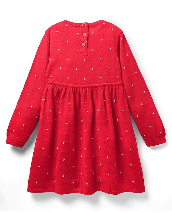 Babyhug Sweater Knit Full Sleeves Woollen Dress with Polka Dot Design - Red