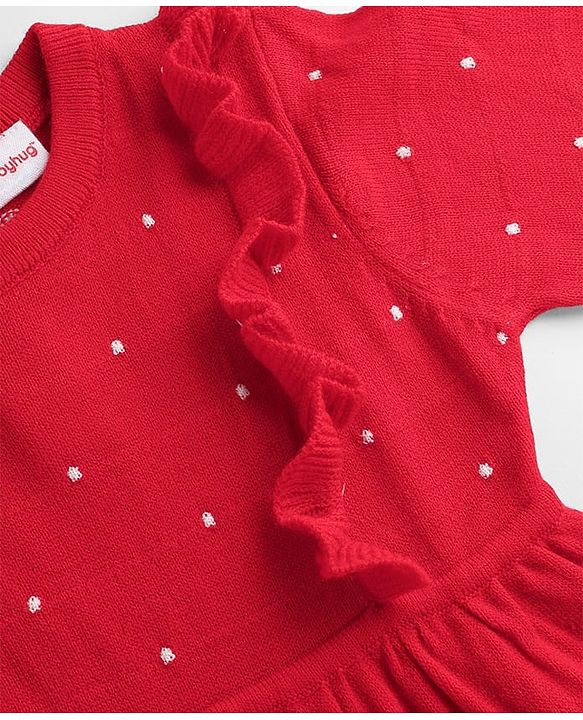 Babyhug Sweater Knit Full Sleeves Woollen Dress with Polka Dot Design - Red