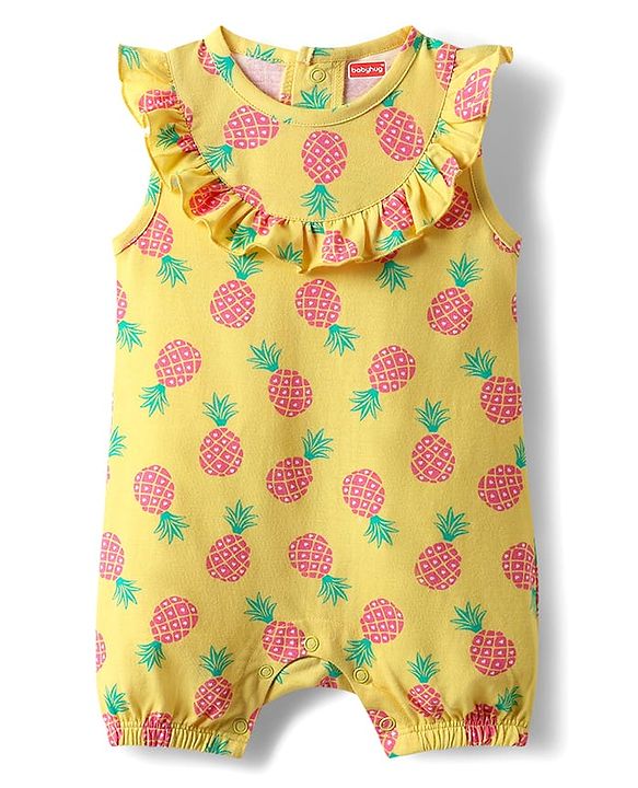 Babyhug 100% Cotton Interlock Knit Sleeveless Romper with Pineapple Print - Yellow