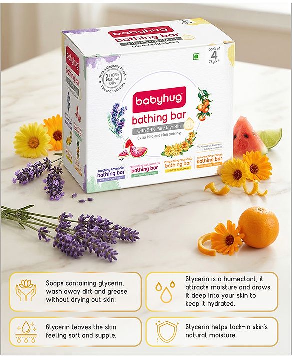 Babyhug Hydrating Bathing Bars with 99% Pure Glycerin & Coconut Oil 75 g -Pack of 4