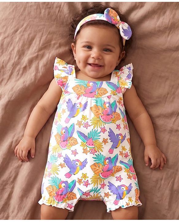 Babyhug 100% Cotton Interlock Knit Sleeveless Romper with Birds & Floral Print & Headband - White