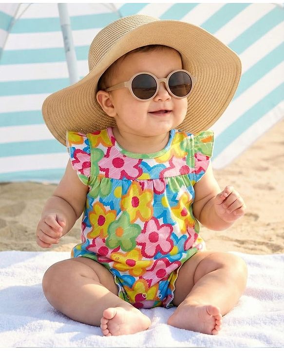 Babyhug 100% Cotton Knit Frill Sleeves Romper With Floral Print - Multicolor