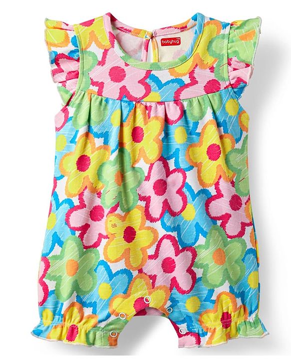 Babyhug 100% Cotton Knit Frill Sleeves Romper With Floral Print - Multicolor
