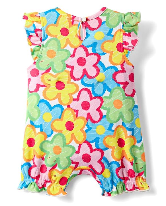 Babyhug 100% Cotton Knit Frill Sleeves Romper With Floral Print - Multicolor