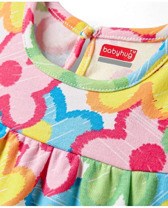 Babyhug 100% Cotton Knit Frill Sleeves Romper With Floral Print - Multicolor