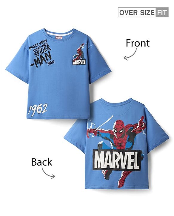 Pine Kids Marvel Terry Knit Half Drop Shoulder Sleeves Oversized T-Shirt with Front & Back Spider Man Graphics - Blue