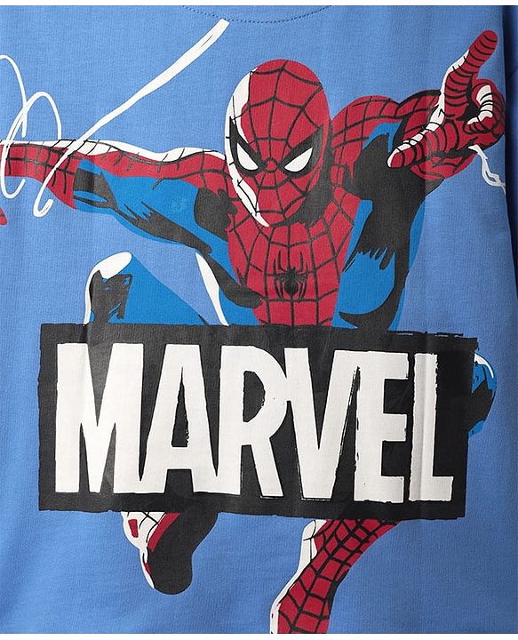 Pine Kids Marvel Terry Knit Half Drop Shoulder Sleeves Oversized T-Shirt with Front & Back Spider Man Graphics - Blue