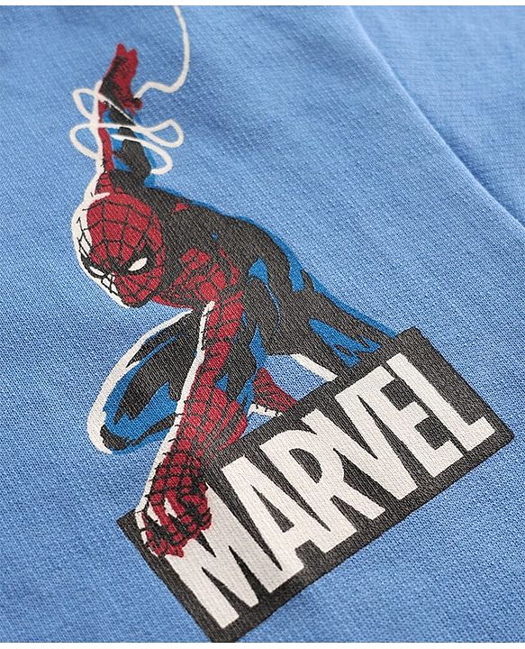 Pine Kids Marvel Terry Knit Half Drop Shoulder Sleeves Oversized T-Shirt with Front & Back Spider Man Graphics - Blue