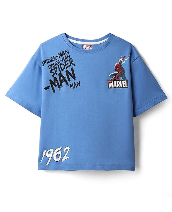 Pine Kids Marvel Terry Knit Half Drop Shoulder Sleeves Oversized T-Shirt with Front & Back Spider Man Graphics - Blue