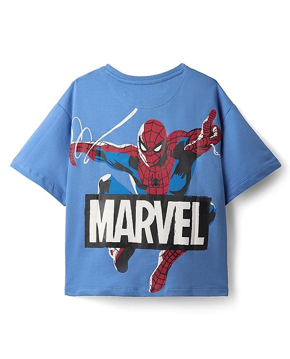 Pine Kids Marvel Terry Knit Half Drop Shoulder Sleeves Oversized T-Shirt with Front & Back Spider Man Graphics - Blue