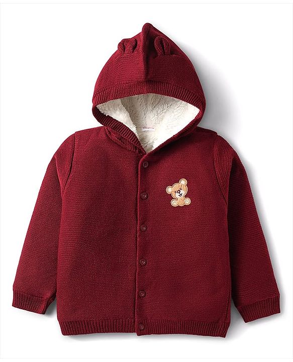 Babyhug Knit Full Sleeves Hooded Front Open Sweater with Bear Patch - Dark Red