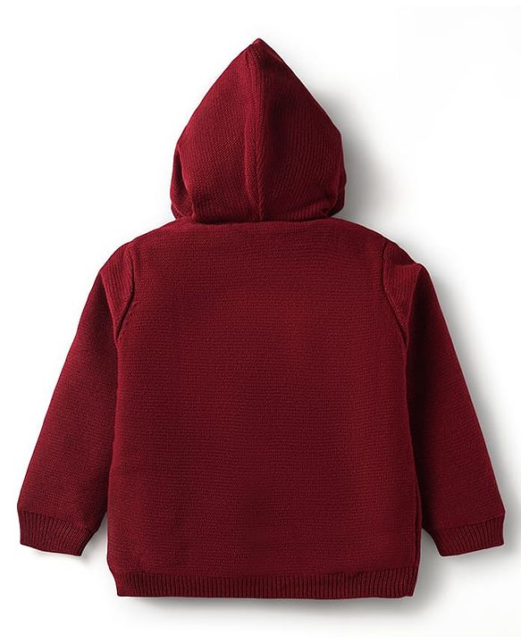 Babyhug Knit Full Sleeves Hooded Front Open Sweater with Bear Patch - Dark Red
