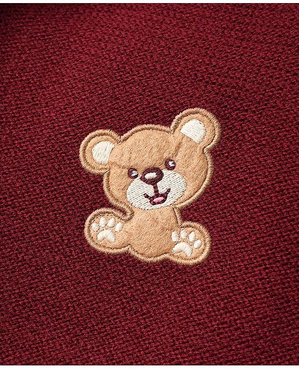 Babyhug Knit Full Sleeves Hooded Front Open Sweater with Bear Patch - Dark Red